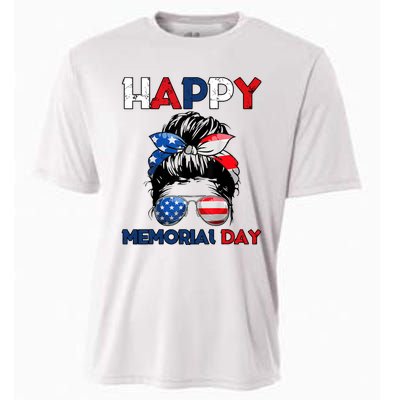 Happy Memorial Day 4th Of July Messy Bun American Flag Cooling Performance Crew T-Shirt