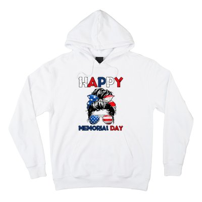 Happy Memorial Day 4th Of July Messy Bun American Flag Hoodie