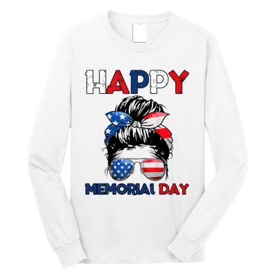 Happy Memorial Day 4th Of July Messy Bun American Flag Long Sleeve Shirt