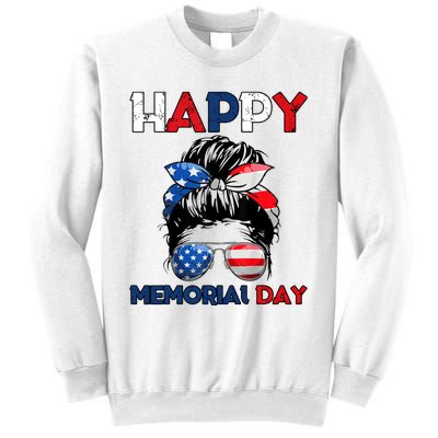 Happy Memorial Day 4th Of July Messy Bun American Flag Sweatshirt