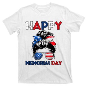 Happy Memorial Day 4th Of July Messy Bun American Flag T-Shirt