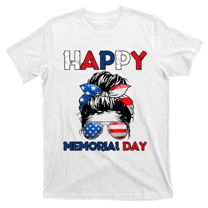 Happy Memorial Day 4th Of July Messy Bun American Flag T-Shirt