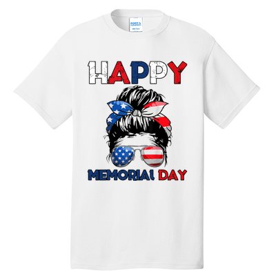 Happy Memorial Day 4th Of July Messy Bun American Flag Tall T-Shirt