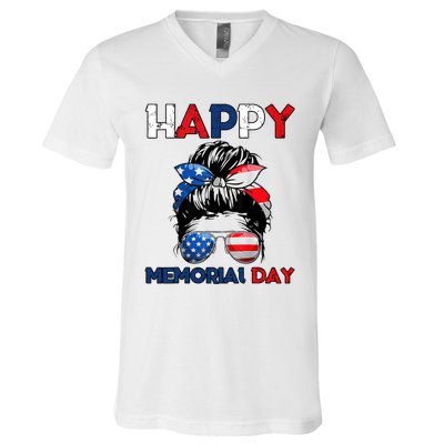 Happy Memorial Day 4th Of July Messy Bun American Flag V-Neck T-Shirt