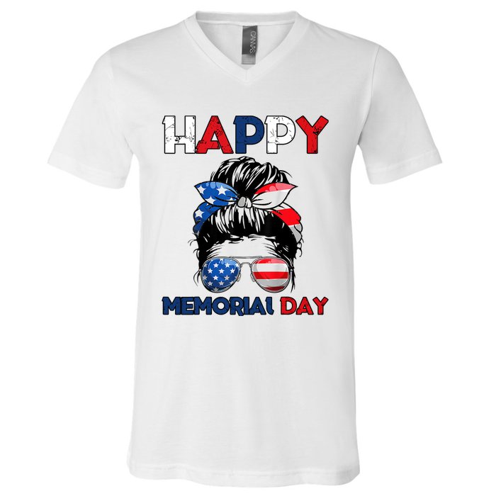 Happy Memorial Day 4th Of July Messy Bun American Flag V-Neck T-Shirt