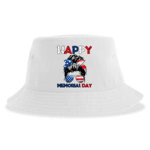 Happy Memorial Day 4th Of July Messy Bun American Flag Sustainable Bucket Hat