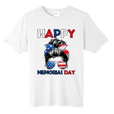 Happy Memorial Day 4th Of July Messy Bun American Flag Tall Fusion ChromaSoft Performance T-Shirt