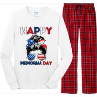 Happy Memorial Day 4th Of July Messy Bun American Flag Long Sleeve Pajama Set