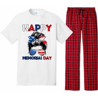 Happy Memorial Day 4th Of July Messy Bun American Flag Pajama Set