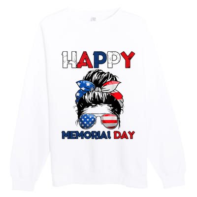 Happy Memorial Day 4th Of July Messy Bun American Flag Premium Crewneck Sweatshirt