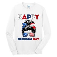 Happy Memorial Day 4th Of July Messy Bun American Flag Tall Long Sleeve T-Shirt