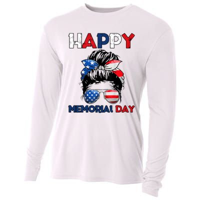 Happy Memorial Day 4th Of July Messy Bun American Flag Cooling Performance Long Sleeve Crew