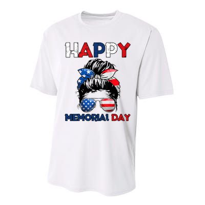 Happy Memorial Day 4th Of July Messy Bun American Flag Performance Sprint T-Shirt