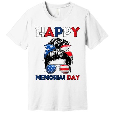 Happy Memorial Day 4th Of July Messy Bun American Flag Premium T-Shirt