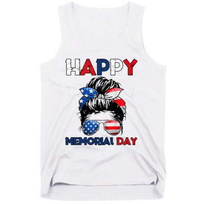 Happy Memorial Day 4th Of July Messy Bun American Flag Tank Top