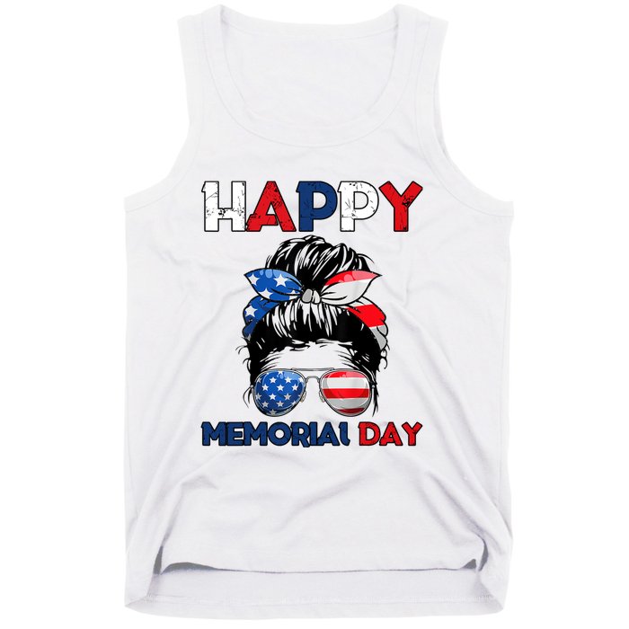 Happy Memorial Day 4th Of July Messy Bun American Flag Tank Top