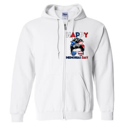 Happy Memorial Day 4th Of July Messy Bun American Flag Full Zip Hoodie