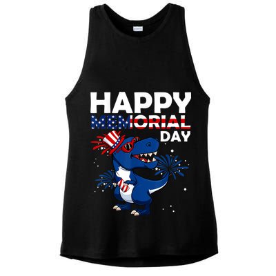 Happy Memorial Day 4th Of July Dinosaur American Flag Ladies PosiCharge Tri-Blend Wicking Tank