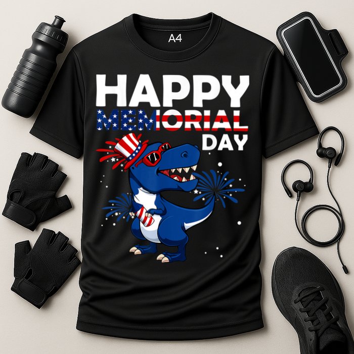 Happy Memorial Day 4th Of July Dinosaur American Flag Cooling Performance Crew T-Shirt