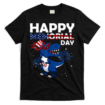 Happy Memorial Day 4th Of July Dinosaur American Flag T-Shirt