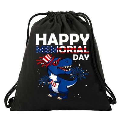 Happy Memorial Day 4th Of July Dinosaur American Flag Drawstring Bag