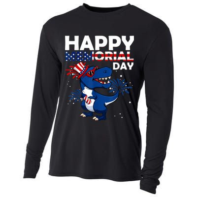 Happy Memorial Day 4th Of July Dinosaur American Flag Cooling Performance Long Sleeve Crew