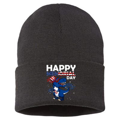 Happy Memorial Day 4th Of July Dinosaur American Flag Sustainable Knit Beanie