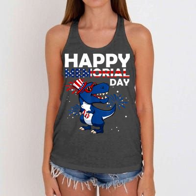 Happy Memorial Day 4th Of July Dinosaur American Flag Women's Knotted Racerback Tank
