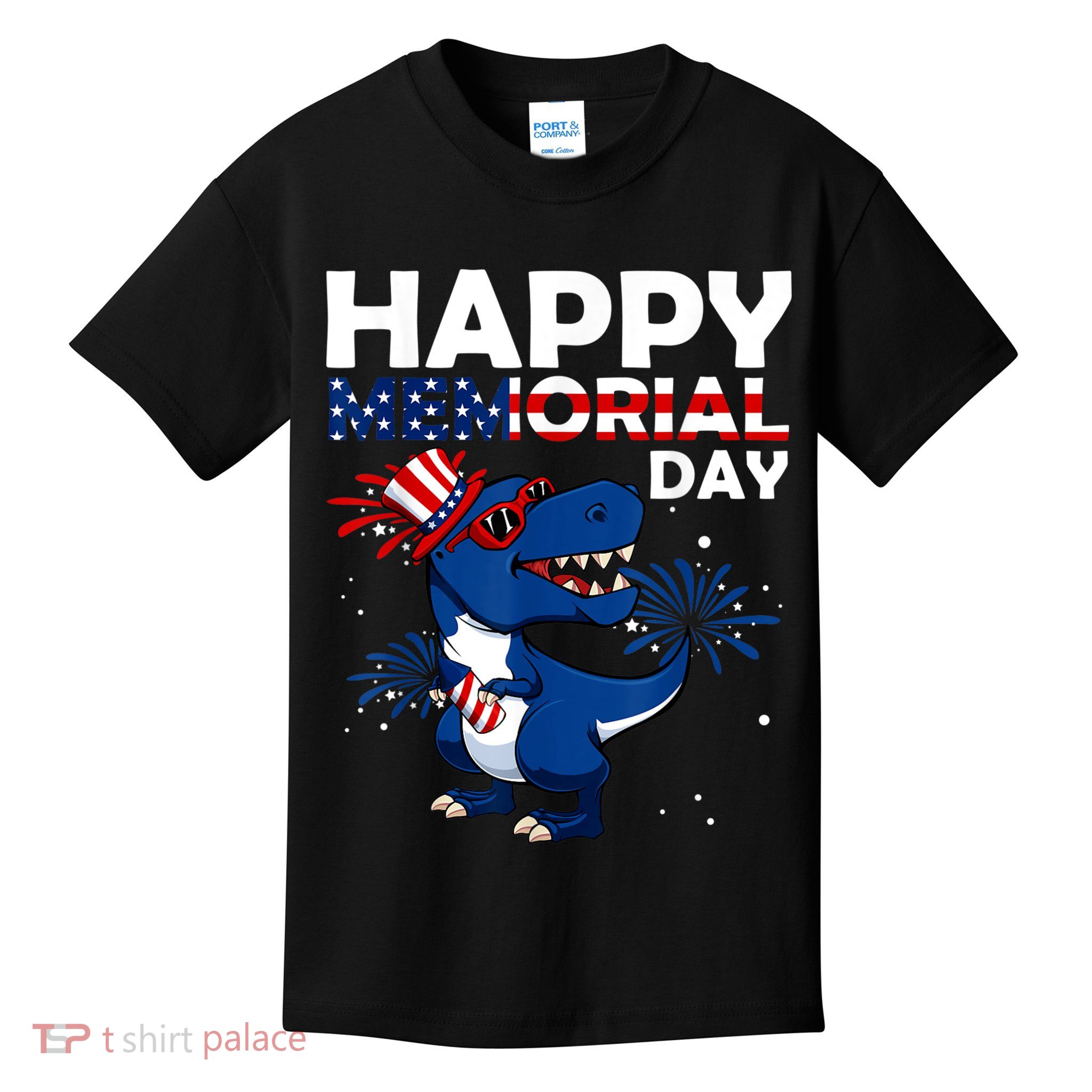 Happy Memorial Day 4th Of July Dinosaur American Flag Kids T-Shirt