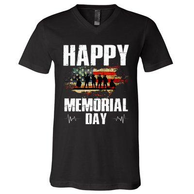 Happy Memorial Day USA Flag American Patriotic Armed Forces V-Neck T-Shirt