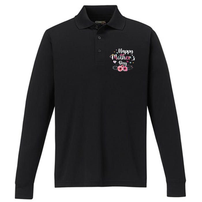 Happy Mother's Day Cute Floral For Mom Grandma Performance Long Sleeve Polo