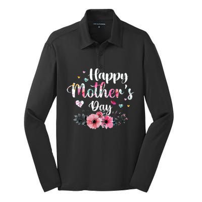 Happy Mother's Day Cute Floral For Mom Grandma Silk Touch Performance Long Sleeve Polo