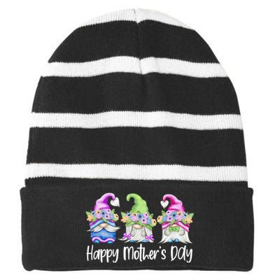 Happy Mothers Day Cute Gnomes Floral For Mom Daughter Striped Beanie with Solid Band