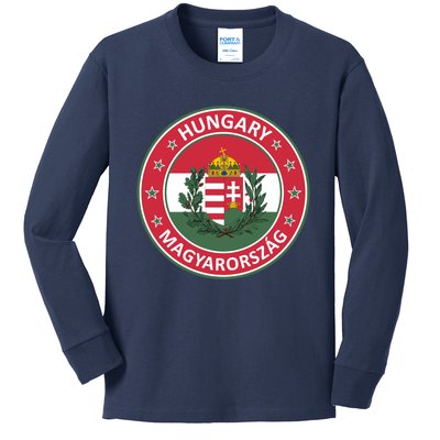 Hungary Magyarorszag Design With Flag Of Hungary And Coat Of Arms Kids Long Sleeve Shirt