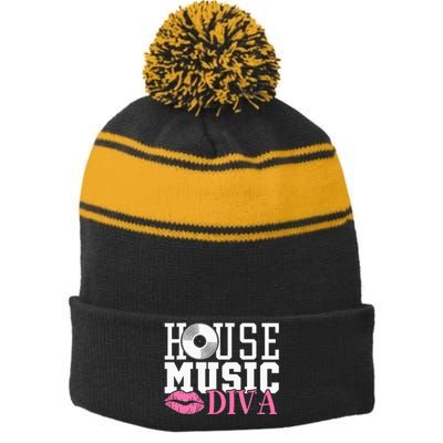 House Music Diva Dj Edm Rave Music Festival Stripe Pom Pom Beanie