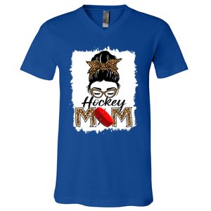 Hockey Mom Funny Sports Messy Bun Leopard Mothers Day Great Gift V-Neck T-Shirt