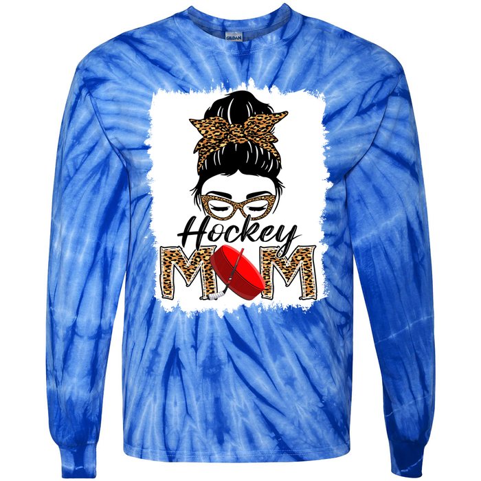 Hockey Mom Funny Sports Messy Bun Leopard Mothers Day Great Gift Tie-Dye Long Sleeve Shirt