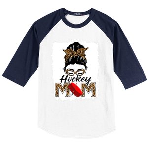 Hockey Mom Funny Sports Messy Bun Leopard Mothers Day Great Gift Baseball Sleeve Shirt