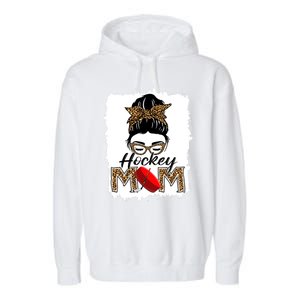 Hockey Mom Funny Sports Messy Bun Leopard Mothers Day Great Gift Garment-Dyed Fleece Hoodie