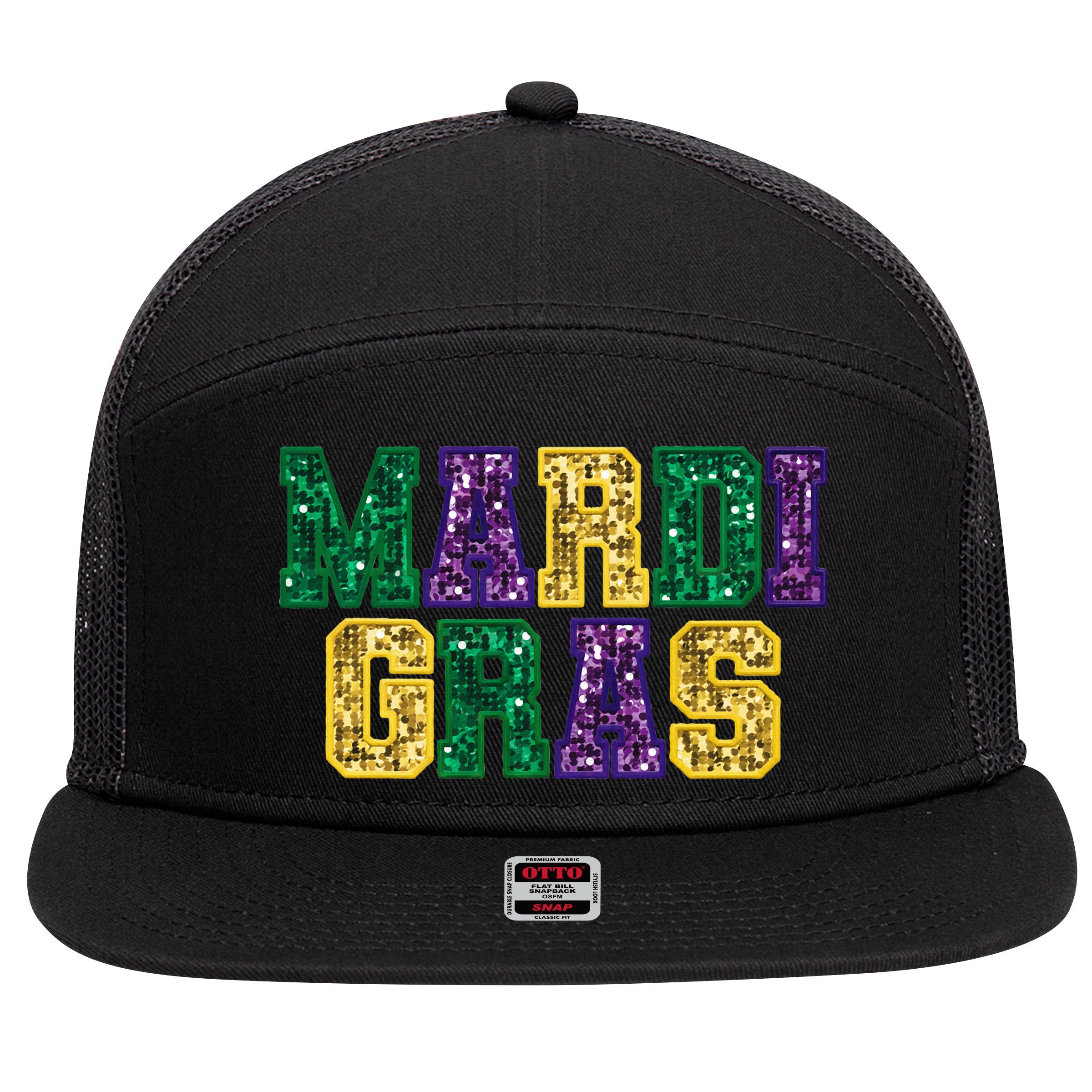Happy Mardi Gras Carnival Fat Tuesday Fleur De Lis 7 Panel Mesh Trucker Snapback Hat