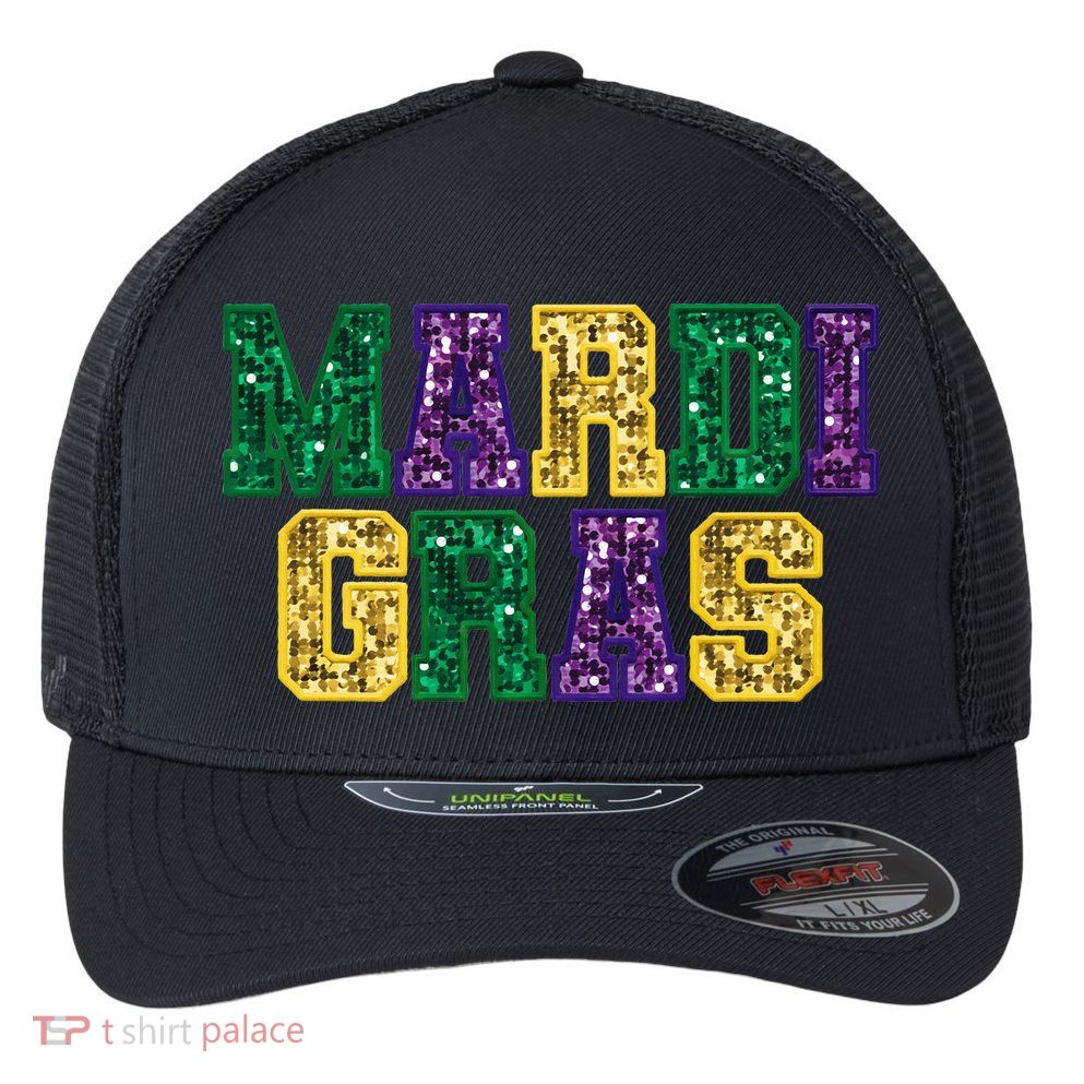 Happy Mardi Gras Carnival Fat Tuesday Fleur De Lis Flexfit Unipanel Trucker Cap