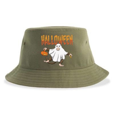 Halloween Monkey Ghost Pumpkin Sasquatch Lover Vintage Fun Sustainable Bucket Hat