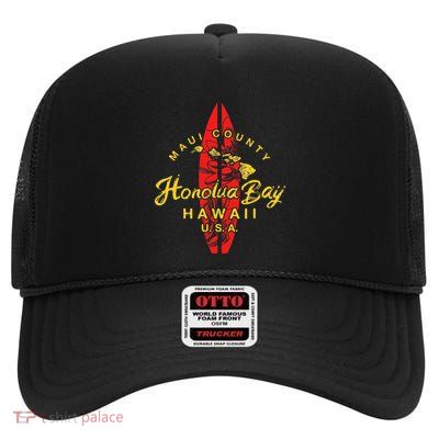 Hawaii Maui Hawaiian Islands Honolua Bay Surfing High Crown Mesh Back Trucker Hat