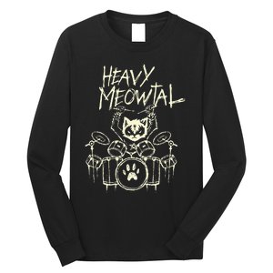 Heavy Metal Headbanger Gift Drummer Cat Playing Drum Meowtal Long Sleeve Shirt