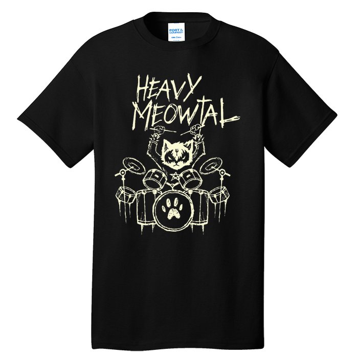 Heavy Metal Headbanger Gift Drummer Cat Playing Drum Meowtal Tall T-Shirt