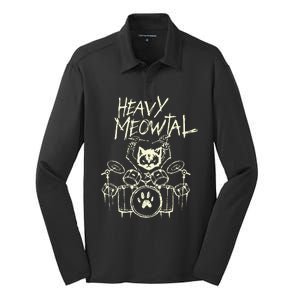 Heavy Metal Headbanger Gift Drummer Cat Playing Drum Meowtal Silk Touch Performance Long Sleeve Polo