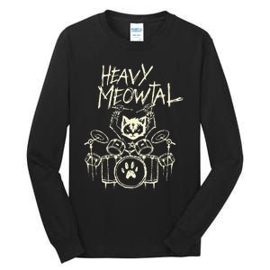 Heavy Metal Headbanger Gift Drummer Cat Playing Drum Meowtal Tall Long Sleeve T-Shirt