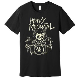 Heavy Metal Headbanger Gift Drummer Cat Playing Drum Meowtal Premium T-Shirt