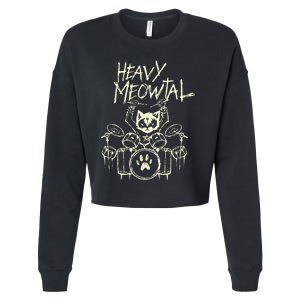 Heavy Metal Headbanger Gift Drummer Cat Playing Drum Meowtal Cropped Pullover Crew