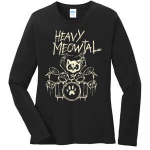 Heavy Metal Headbanger Gift Drummer Cat Playing Drum Meowtal Ladies Long Sleeve Shirt